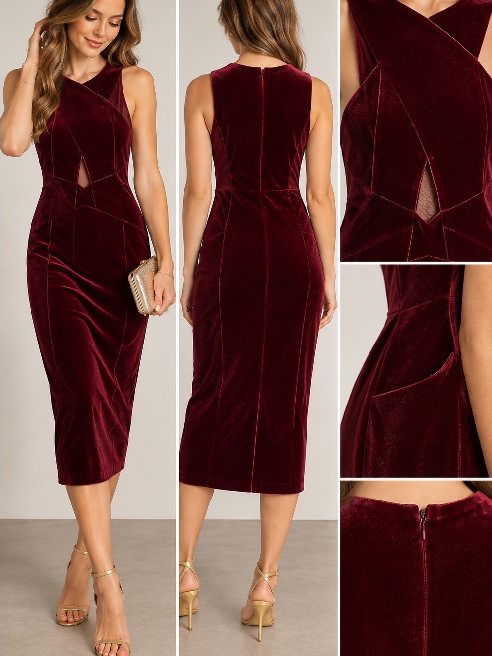 BCBGMAXAZRIA Burgundy Velvet Cutout Midi Dress Size L